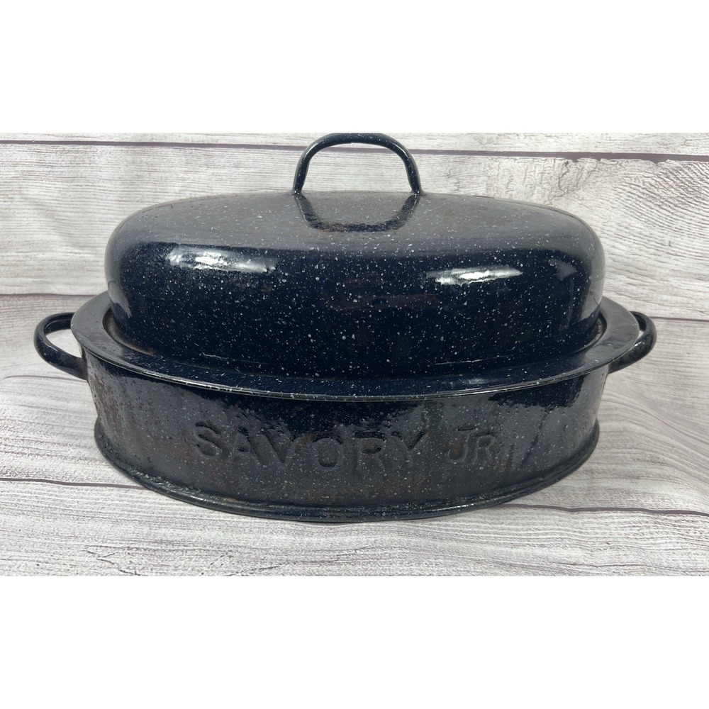 Vintage Savory Jr Oval Blue Enamel Double-Walled Roaster 12 1/2" X 8 1/2" w/ Lid